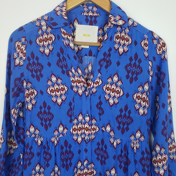 Anthro Maeve Blue Woodland Walk Aztec Blouse 2 - Picture 3 of 8